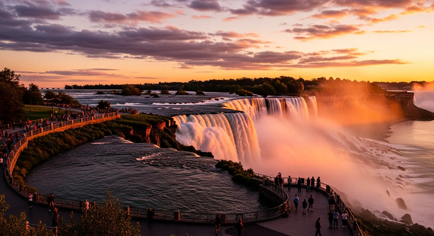 Niagara Falls glowing in warm golden sunset light