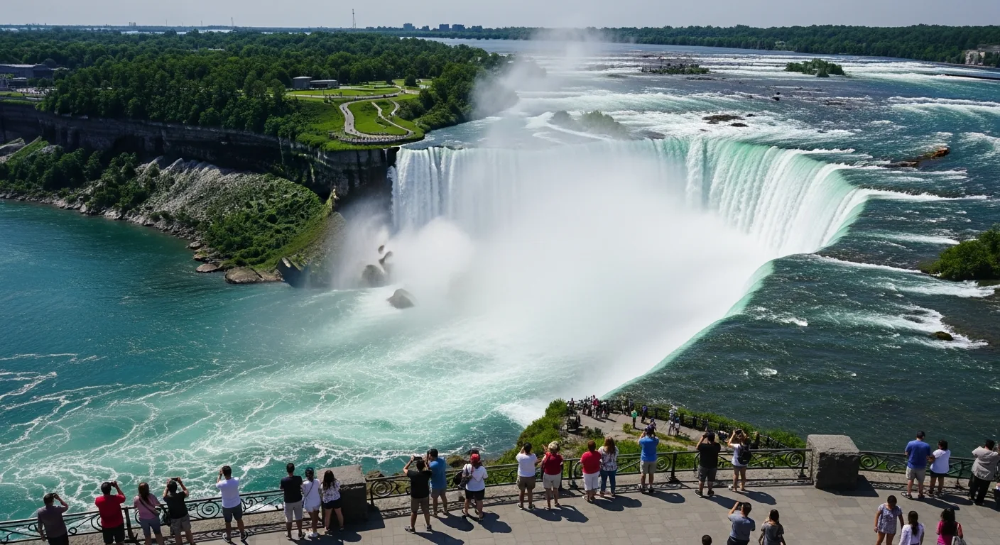 Aerial view of Niagara Falls American and Canadian sides together
